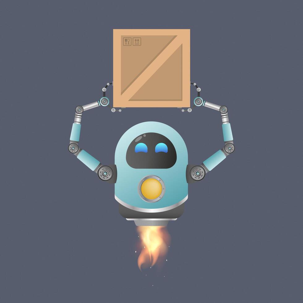 el robot volador recoge la caja. concepto de entrega de carga. aislado. estilo de dibujos animados ilustración vectorial vector