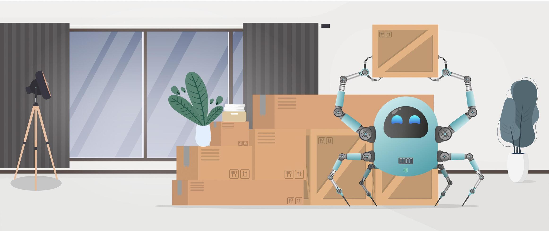 Moving home or office. A small futuristic robot is holding a box. Cartoon style. Vector illustration.