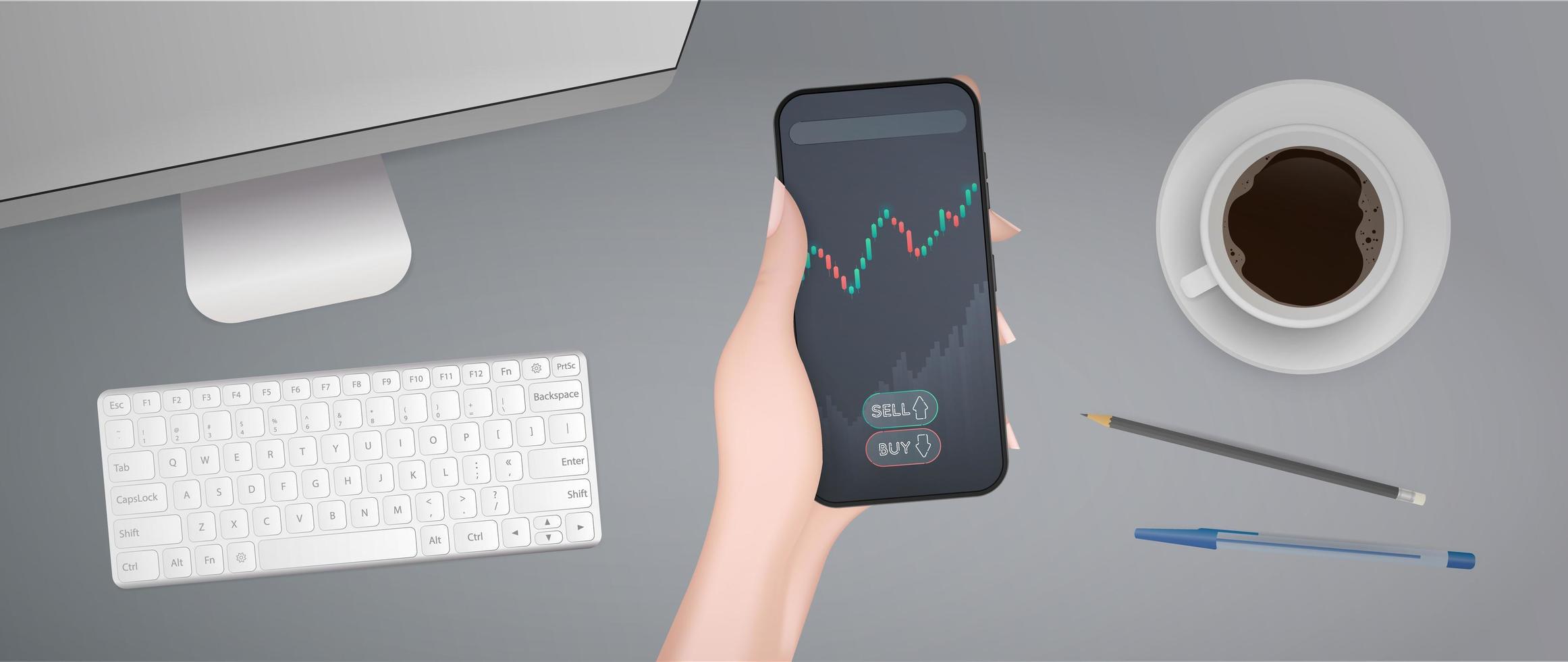 The concept of trading on the finance exchange. A hand holds a phone with a growth graph. Analyst or trader's workplace. Vector illustration.