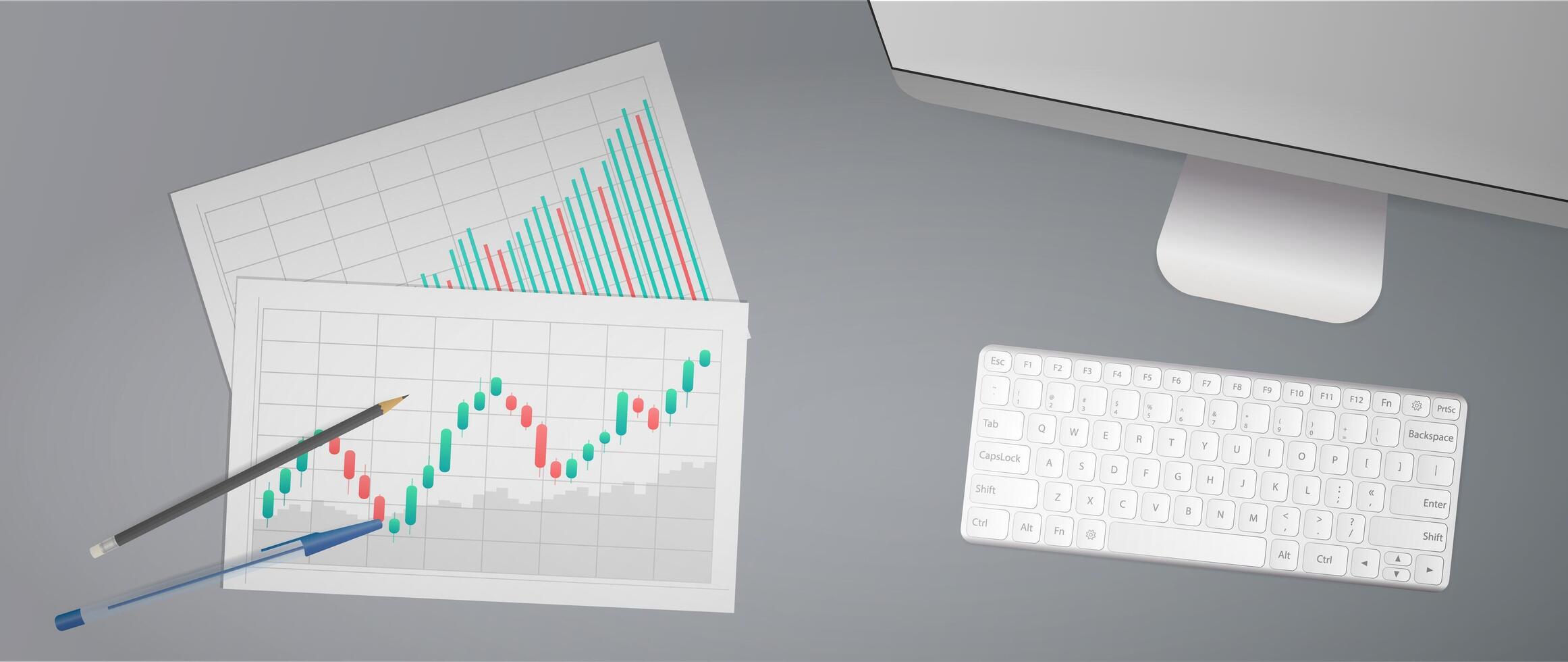A computer, keyboard, and pen on a desk vector