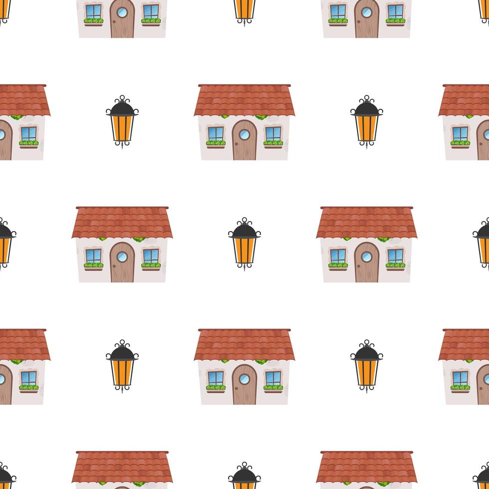 Seamless pattern with lanterns and houses. Endless background. Good for wrapping paper, postcards, and books. Cartoon style. Vector illustration.