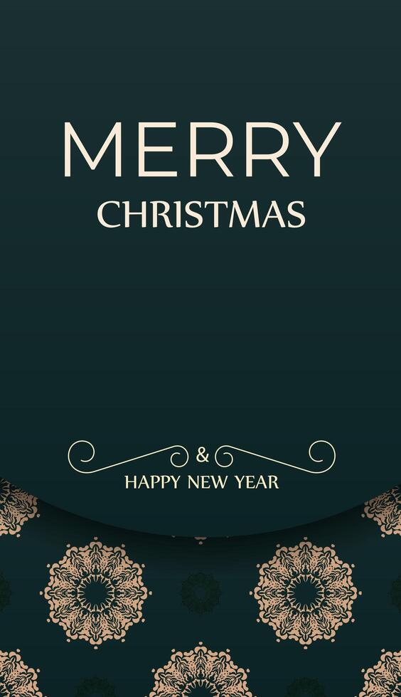 Merry christmas and happy new year flyer template dark green color with vintage yellow pattern vector