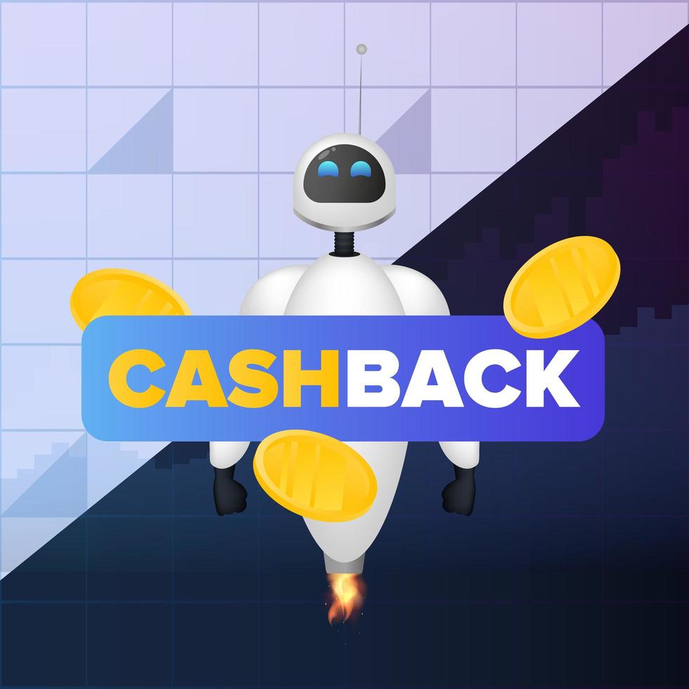 White flying robot and gold coins in the air. Cashback concept. For the topic of saving and returning money. Square banner. Realistic style. Vector illustration.