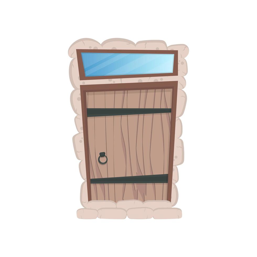 Puerta de entrada de madera rectangular antigua. ventana encima de la puerta. revestimiento de piedra. aislado. vector. vector