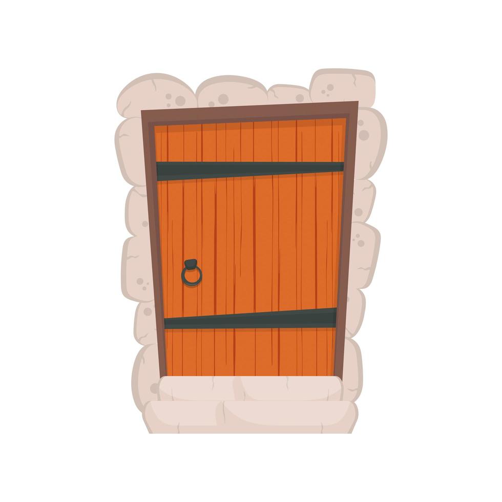 Antique rectangular wooden entrance door. Stone cladding. Cartoon style. Isolated. Vector. vector