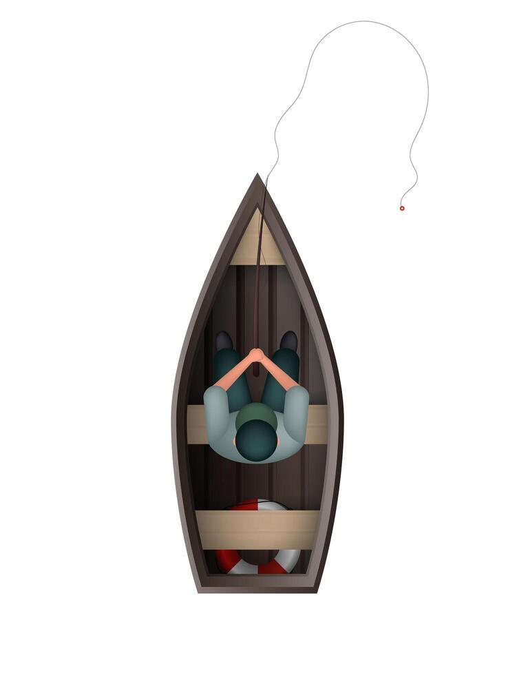 A fisherman in a wooden boat. Fishing concept. Isolated. Vector