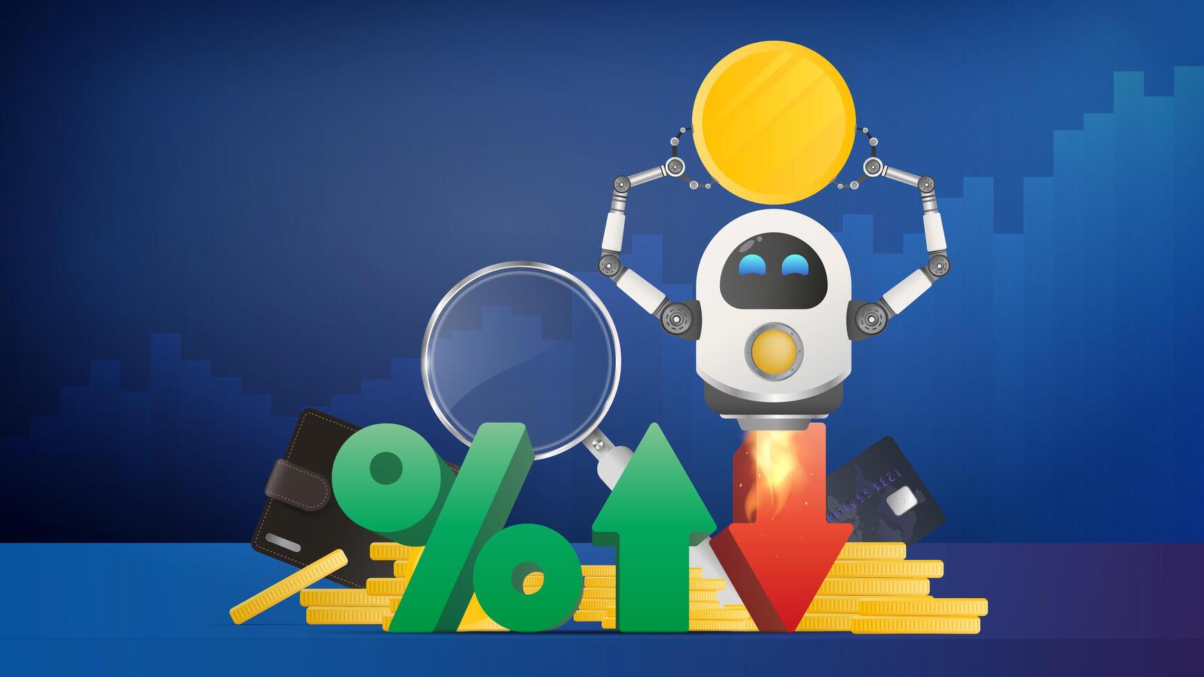 The flying robot is holding a gold one. Wallet, bank card, pile of coins, magnifier, financial chart. Business banner. . vector