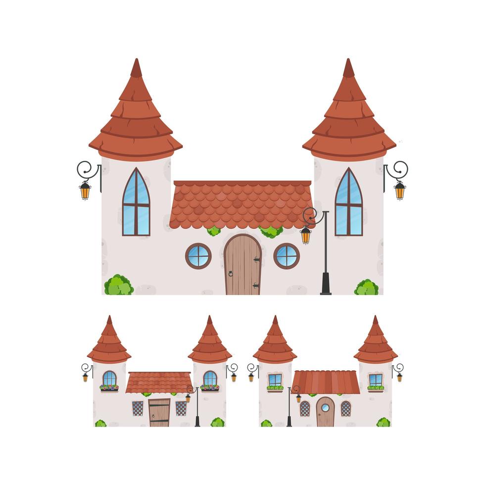 Set of Small fairy houses. Stone building with windows, door and roof. Cartoon style. For the design of games, postcards and books. Isolated on white background. Vector illustration.