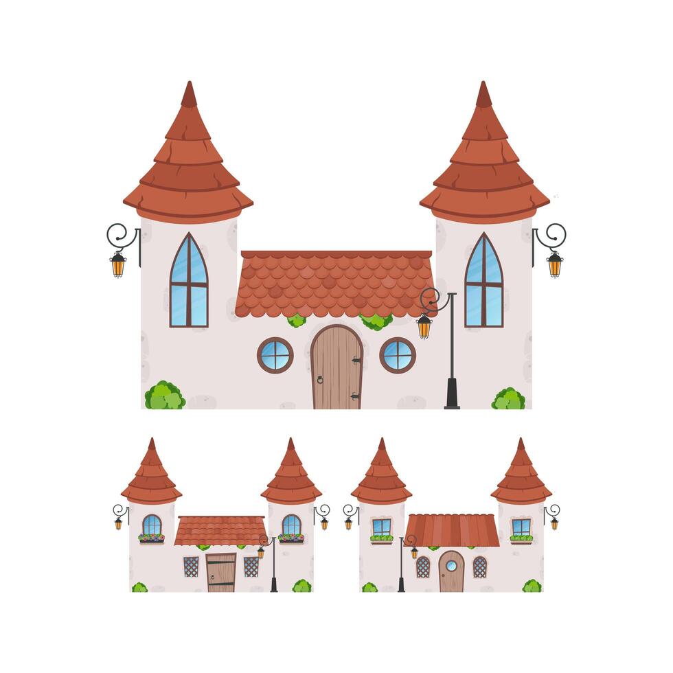 Set of Small fairy houses. Stone building with windows, door and roof. Cartoon style. For the design of games, postcards and books. Isolated on white background. Vector illustration.