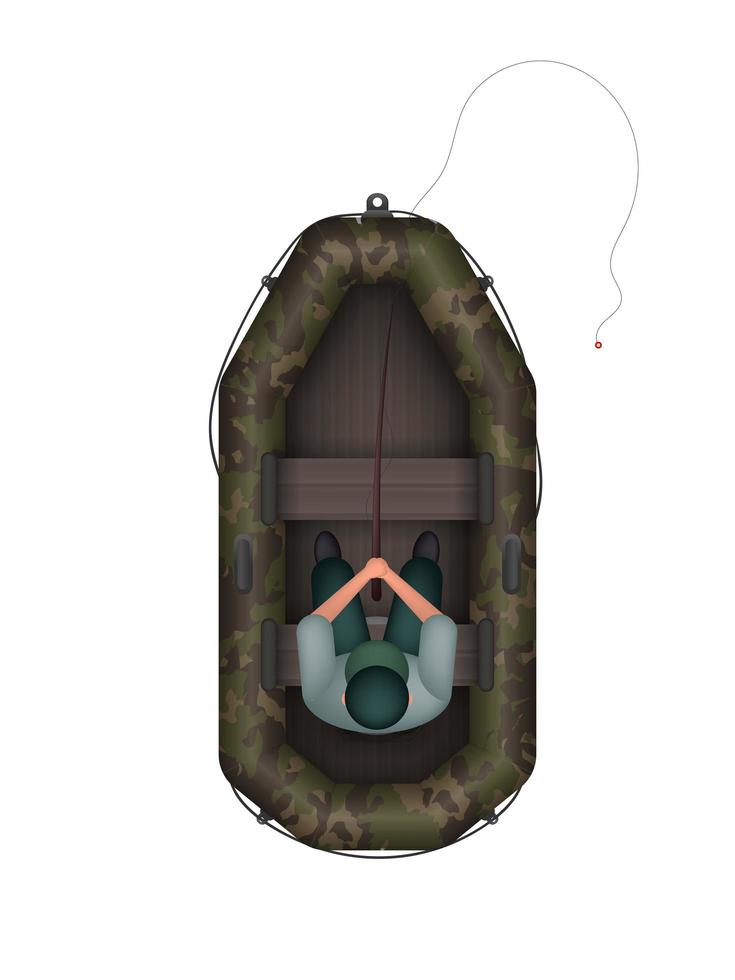 Fisherman in a rubber camouflage boat. Fishing concept. Isolated. Vector illustration