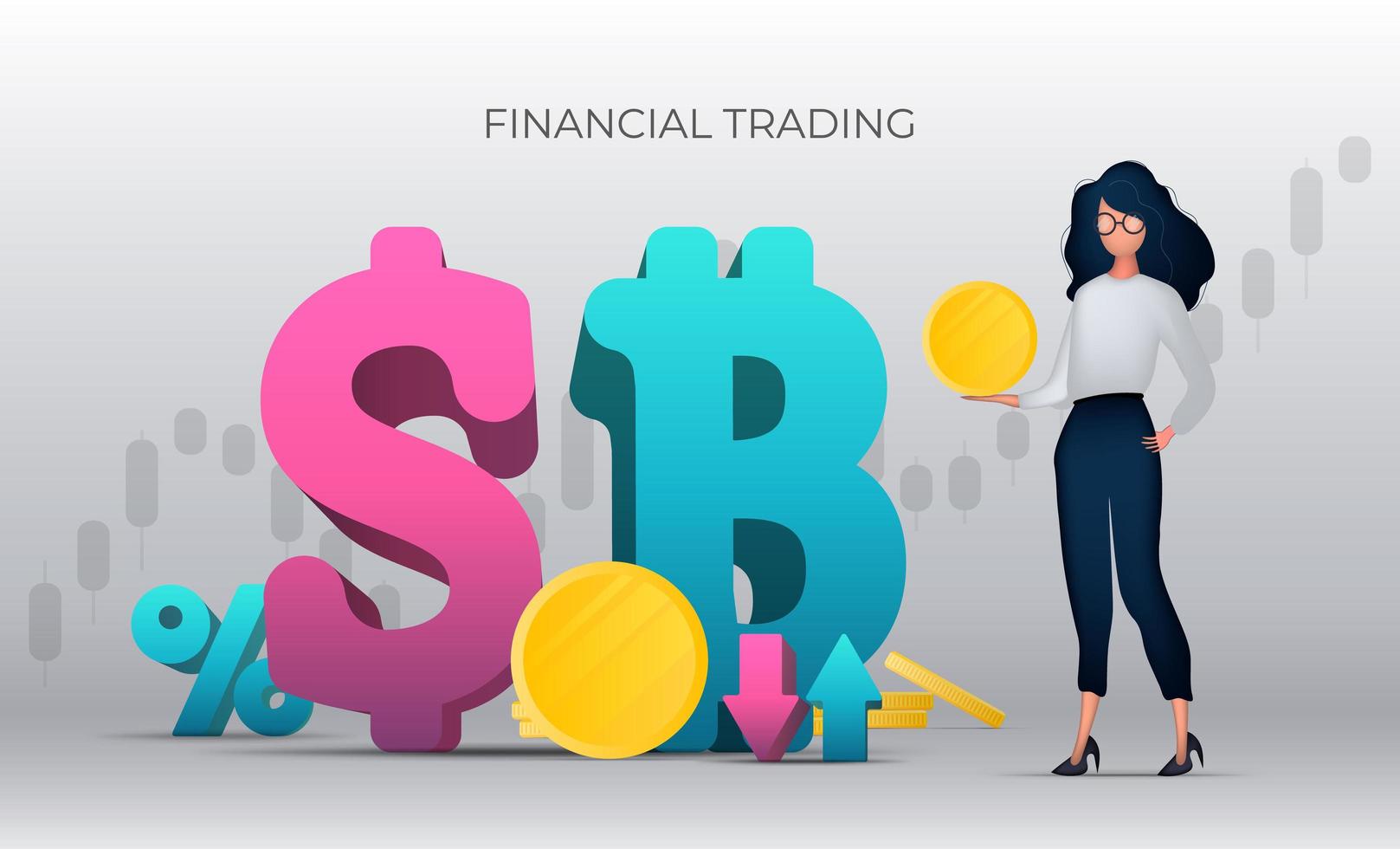 Financial trading banner. The girl is holding a gold coin in her hands. Dollar and bitcoin icon. Vector. vector