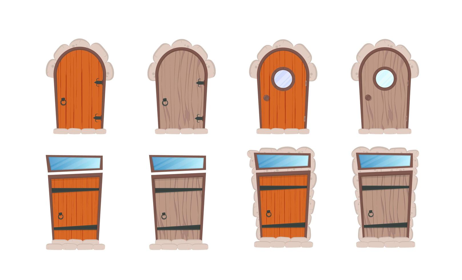 conjunto de puertas de madera al estilo de las caricaturas. elementos para el diseño de juegos o casas. aislado. ilustración vectorial vector