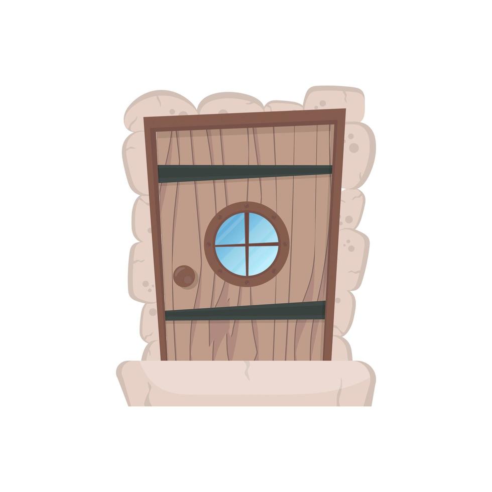 Antique rectangular wooden entrance door with a round window. Stone cladding. Cartoon style. Isolated. Vector. vector