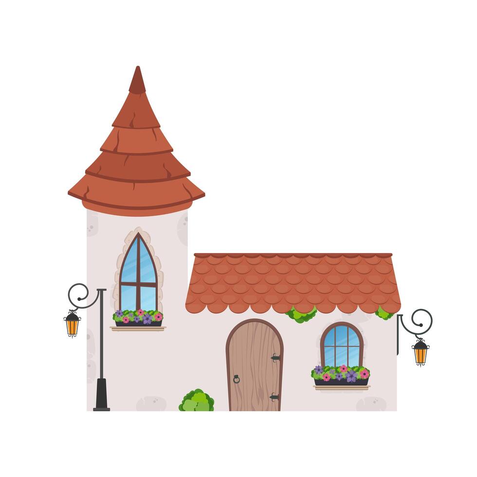 House with a tower. Stone building with windows, door and roof. Cartoon style. For the design of games, postcards and books. Isolated Vector illustration.