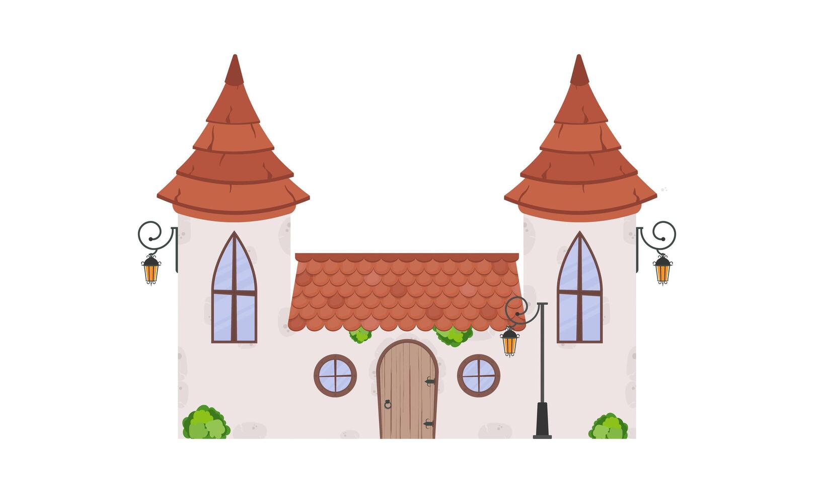 House with towers. Stone building with windows, door and roof. Cartoon style. For the design of games, postcards and books. Isolated on white background. Vector illustration.