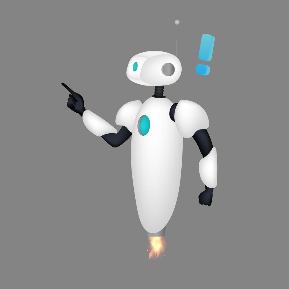 White flying robot is pointing. The bot raised its index finger. Vector. vector