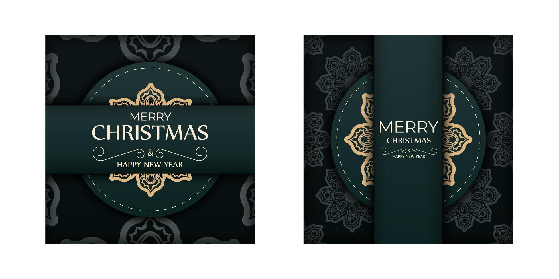 Holiday card Merry Christmas and Happy New Year in dark green color with winter yellow pattern vector