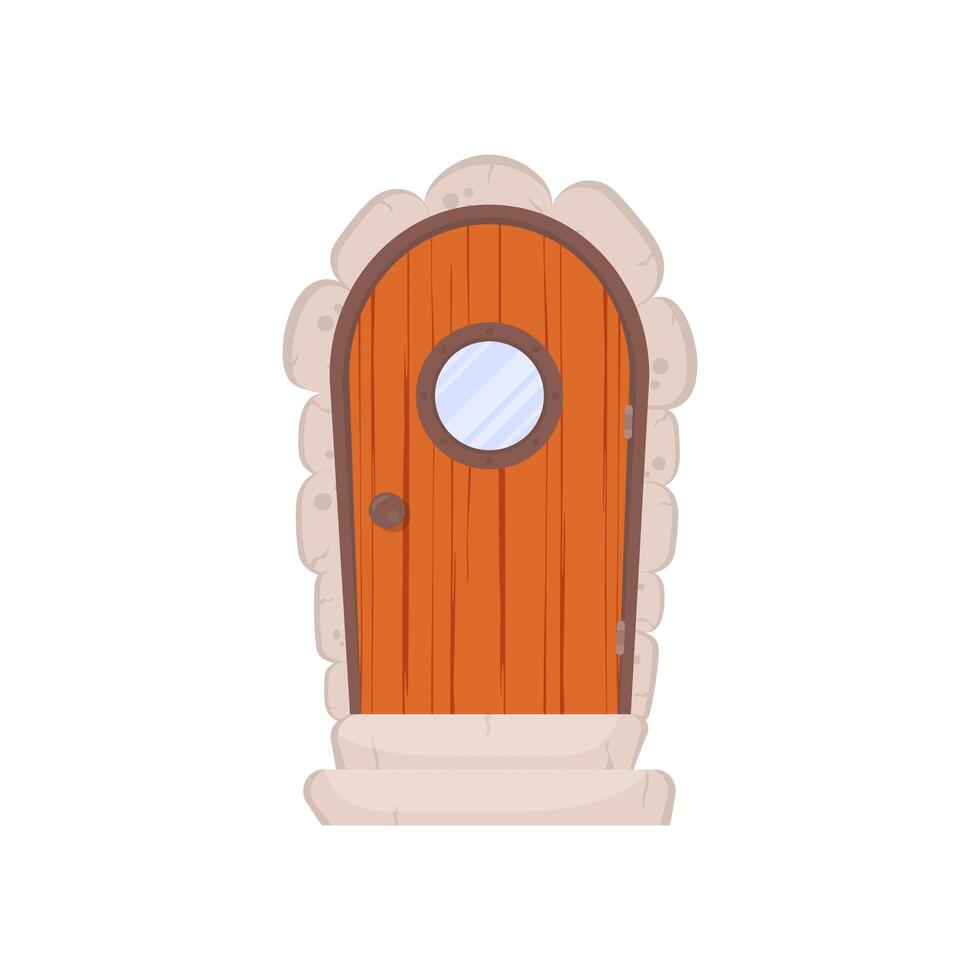 Antique wooden door with a round window. Stone cladding and steps. Wood texture. Cartoon style. Isolated, vector illustration.