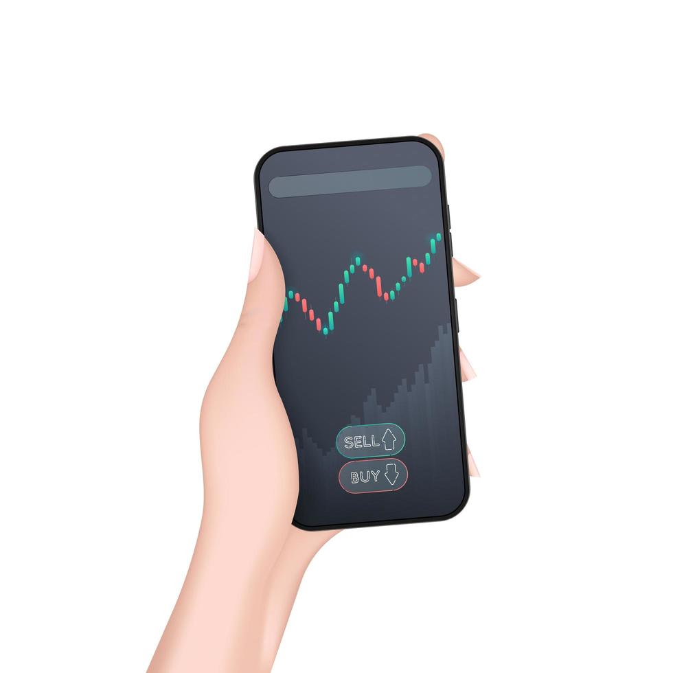 A hand holds a phone with a growth graph. Trading concept. Volumetric realistic style. Isolated. Vector. vector