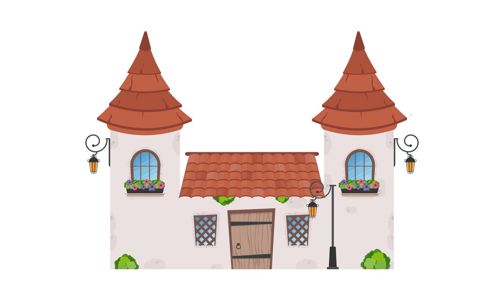 casa con torres. edificio de piedra con ventanas, puerta y techo. estilo de dibujos animados para el diseño de juegos, postales y libros. aislado sobre fondo blanco. vector