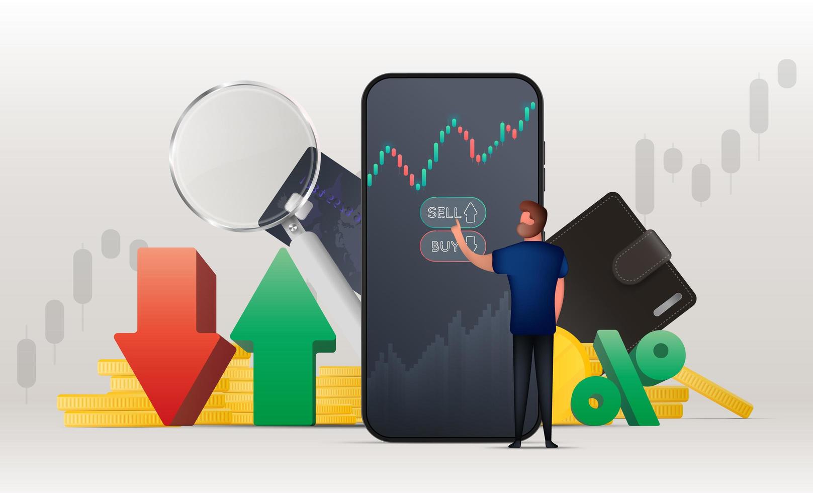 Trading banner. A man buys stocks or currency on the stock exchange through the phone. Candlestick chart. Stock market investment trading concept. Vector illustration.