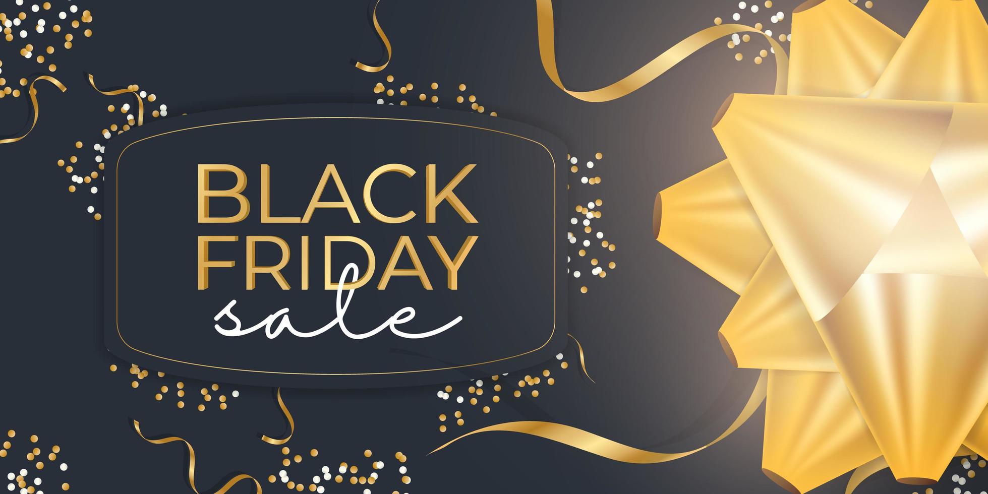 Black Friday sale banner. Gold bow or bow, confetti and ribbons. Ready poster. Vector illustration.