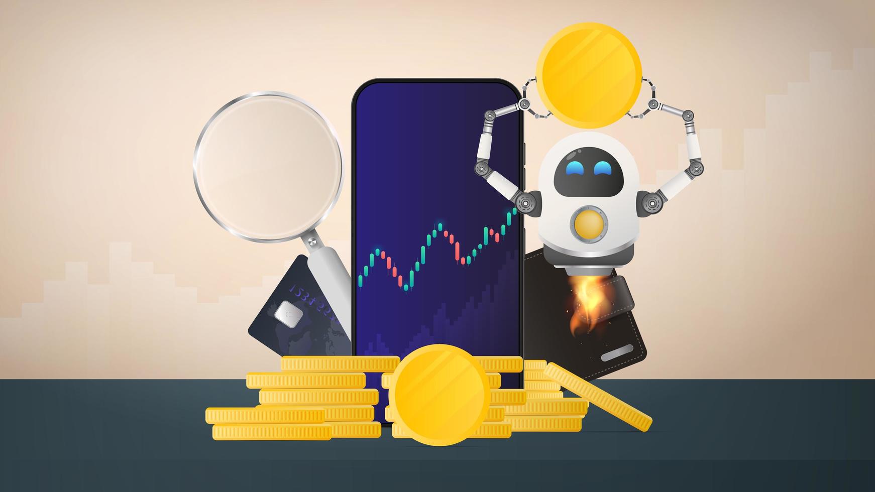 robot volador sostiene una moneda de oro en el fondo de un teléfono móvil. billetera, tarjeta bancaria, montón de monedas, lupa, gráfico financiero. pancarta de negocios. vector. vector
