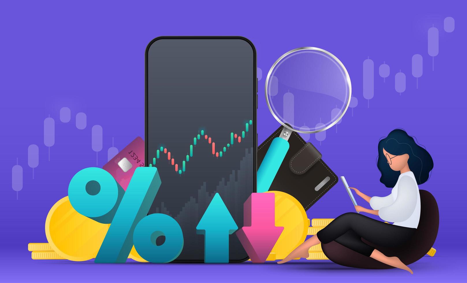 Financial trading banner. A girl with a tablet sits on a pouf. Percentage with up and down arrows. Wallet, bank card, schedule, magnifier, phone. Vector. vector