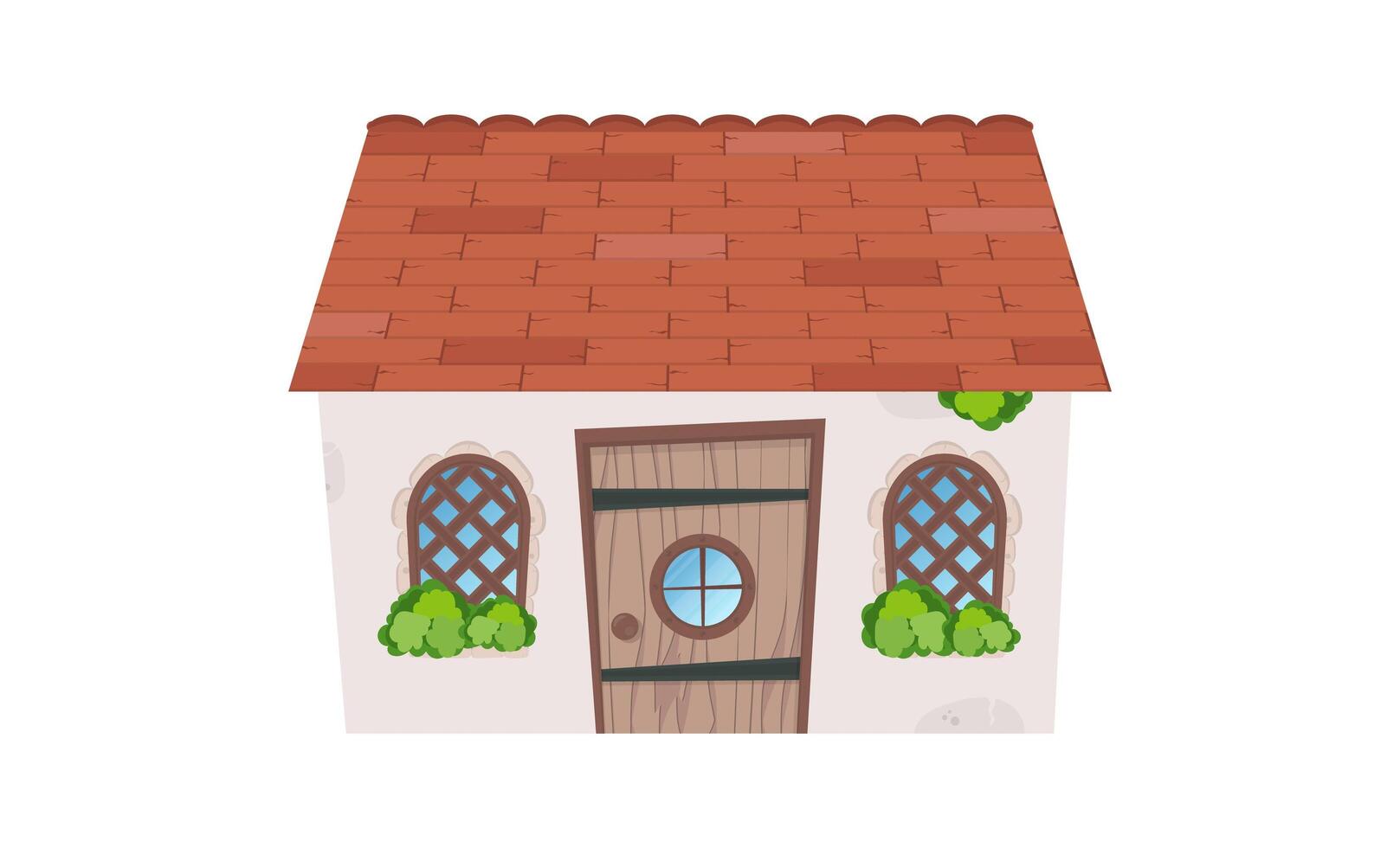 Small fairy house. Stone building with windows, door and roof. Cartoon style. For the design of games, postcards and books. Isolated on white background. Vector