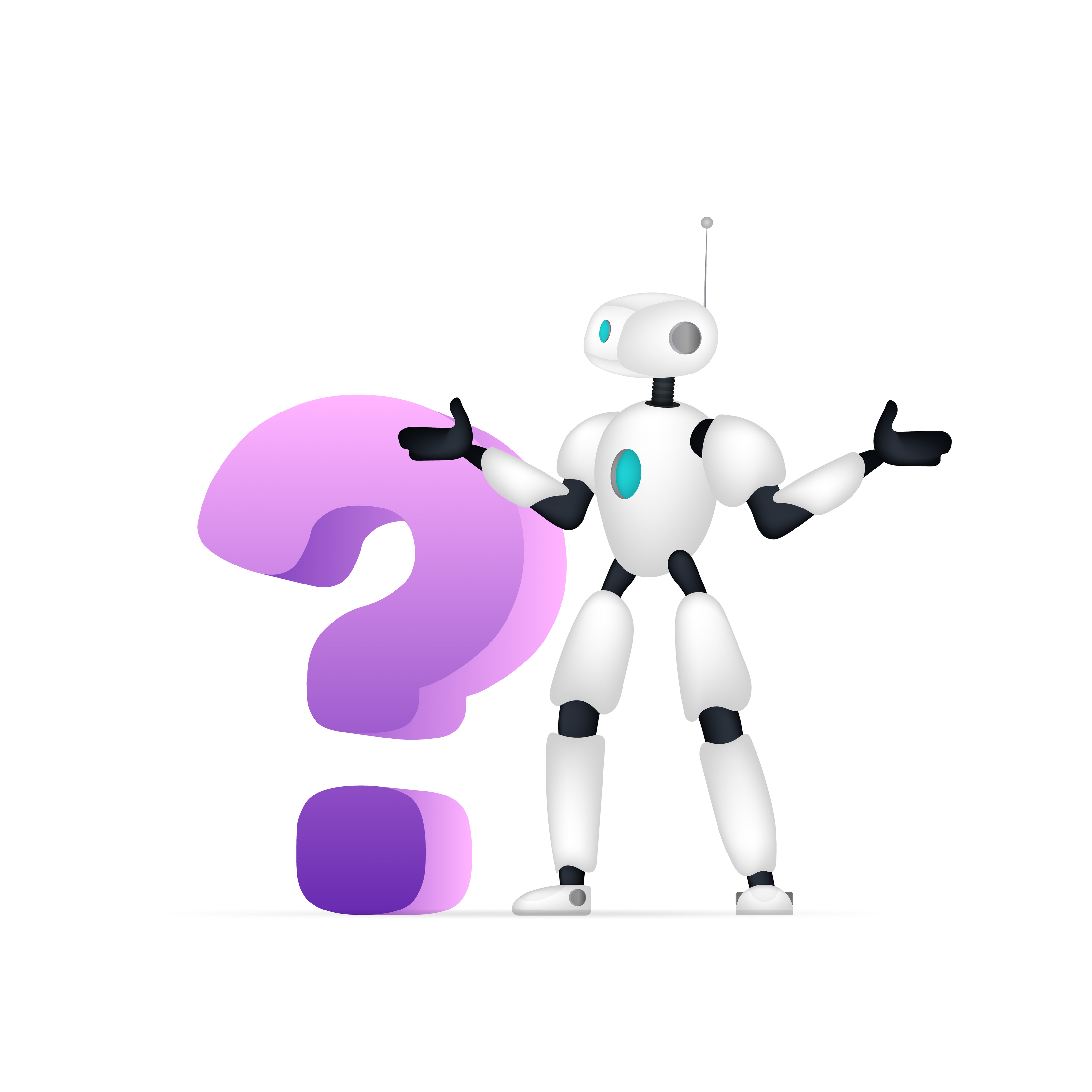 White robot with a question mark. The robot makes a helpless gesture