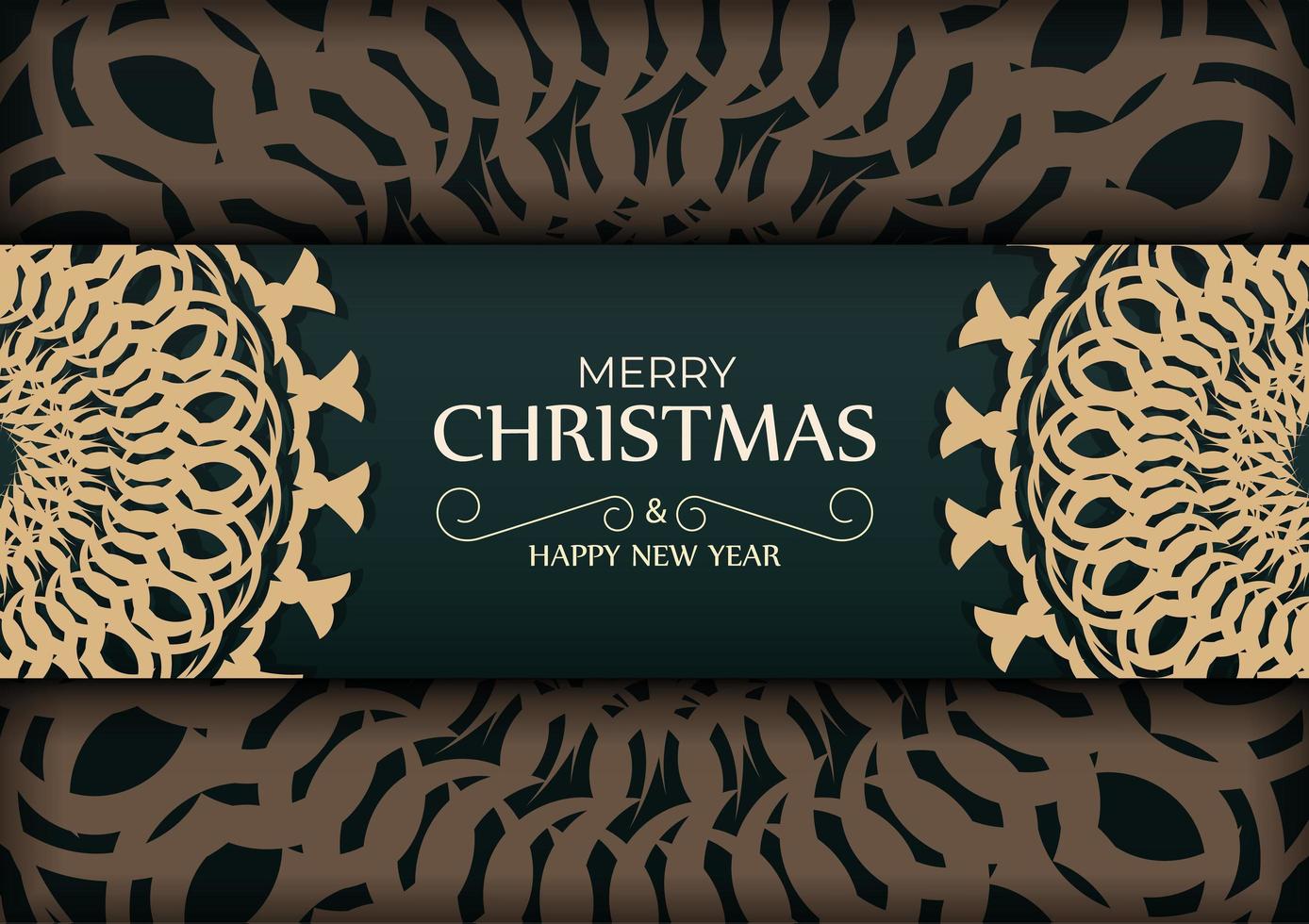 Greeting card Merry Christmas and Happy New Year in dark green color with winter yellow pattern vector