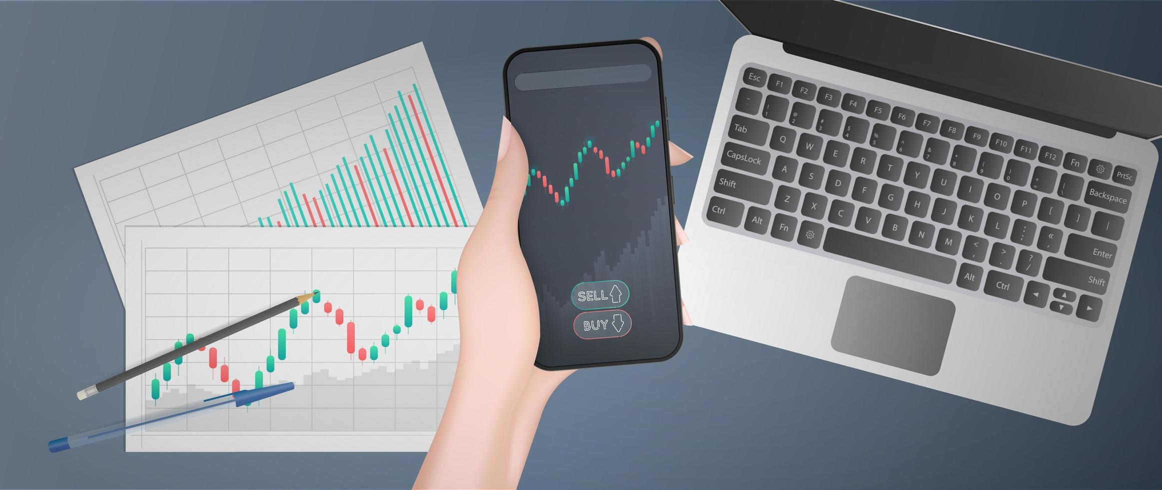 A hand holds a phone with a growth graph. Blanks with business charts, uptrend line graph, histogram and bull market stock numbers. Analyst or trader's workplace. Vector. vector