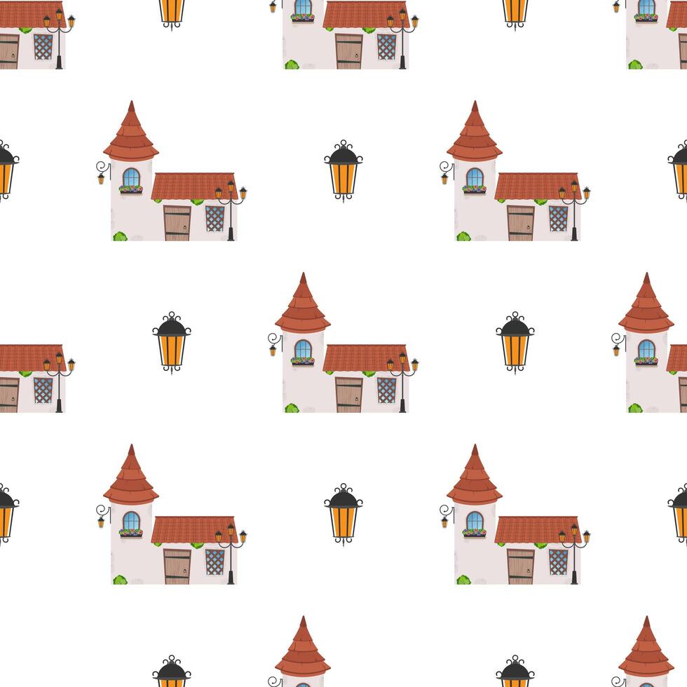 Seamless pattern with castle tower. Endless background. Good for wrapping paper, postcards, and books. Cartoon style. Vector .