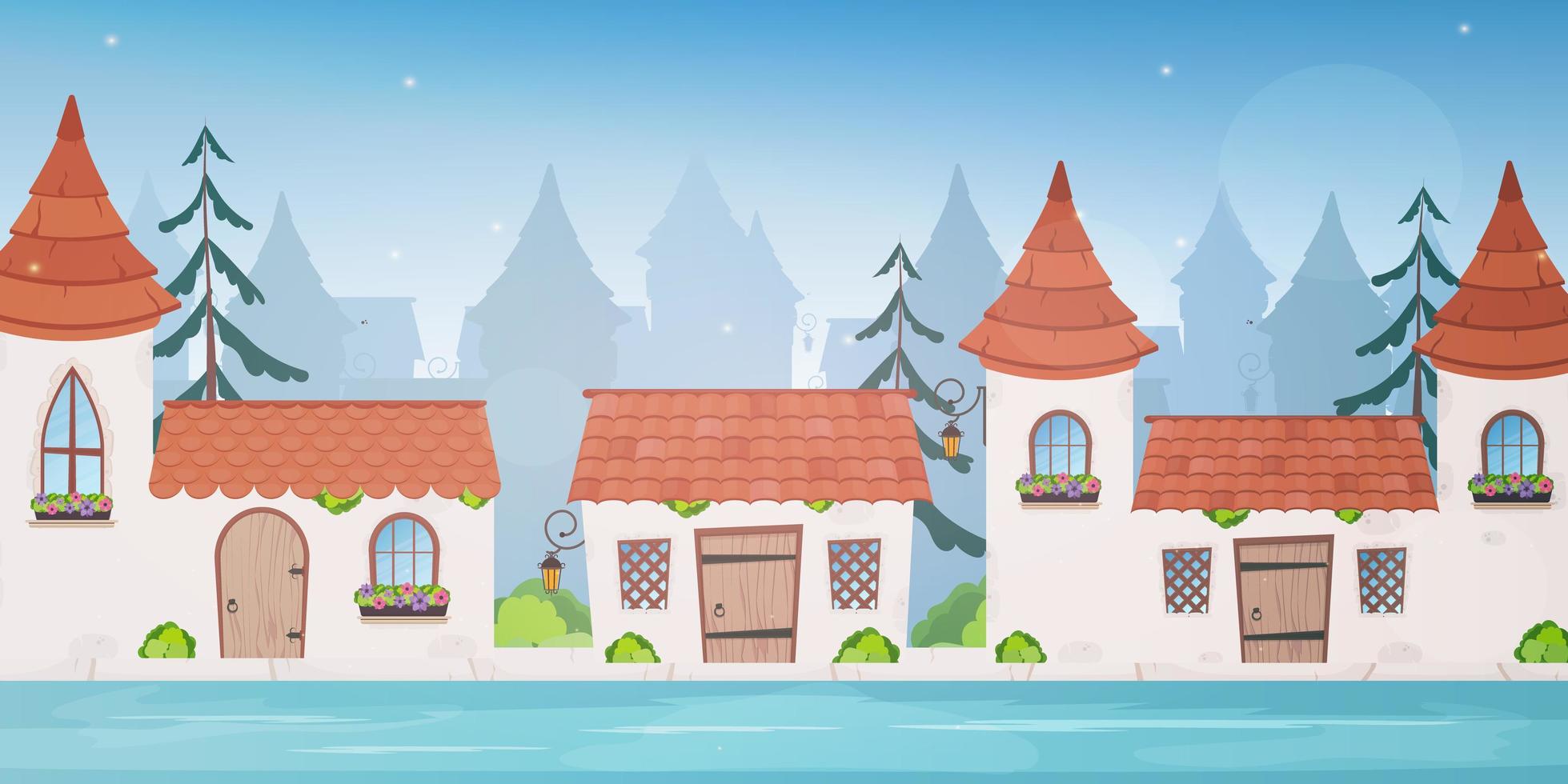ciudad de provincias con un canal de agua. casas de hadas. río en la ciudad. estilo de dibujos animados ilustración vectorial vector