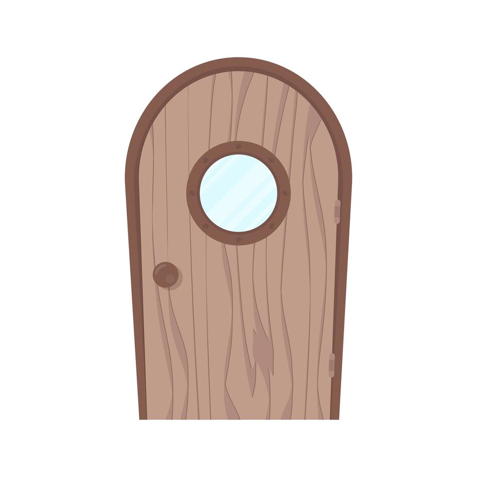 puerta de madera antigua con ventana redonda. textura de madera. estilo de dibujos animados aislado, ilustración vectorial. vector