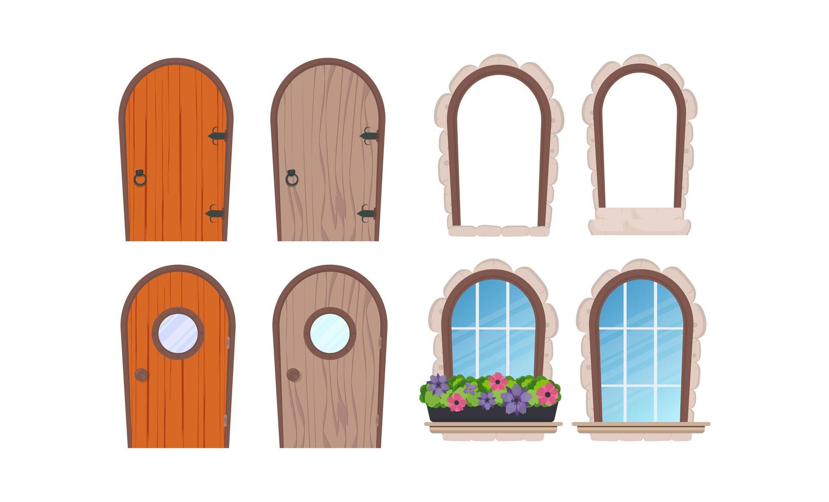 A set of doors and windows. Stone cladding. Elements for the design of games or houses. Vector. vector