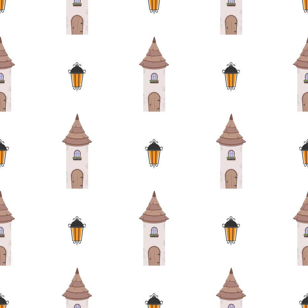 Seamless pattern with a tower. Good for backgrounds, wrapping paper, cards and books. Cartoon style. Vector illustration.