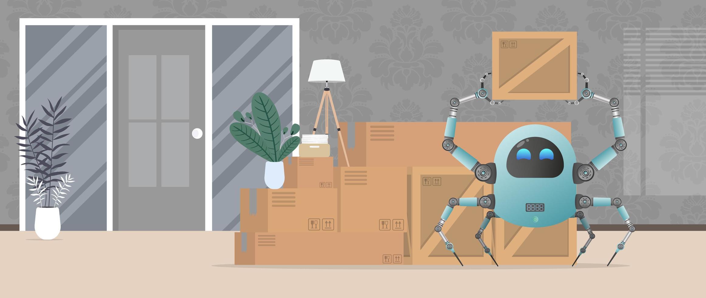 Moving home or office. A small futuristic robot is holding a box. Cartoon style. Vector
