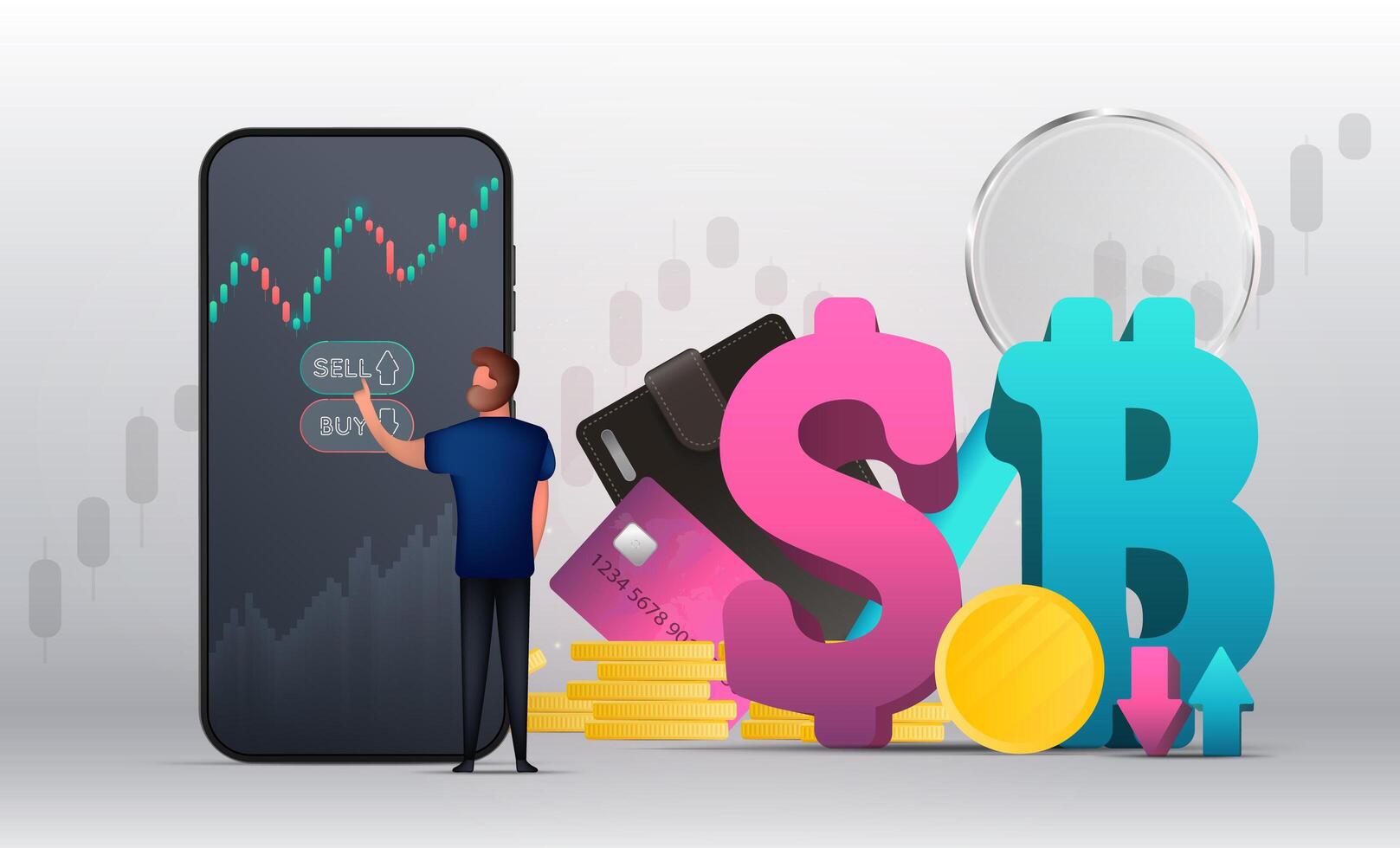 Trading banner. A man buys a dollar or bitcoin. Stock market investment trading concept. Candlestick chart. vector