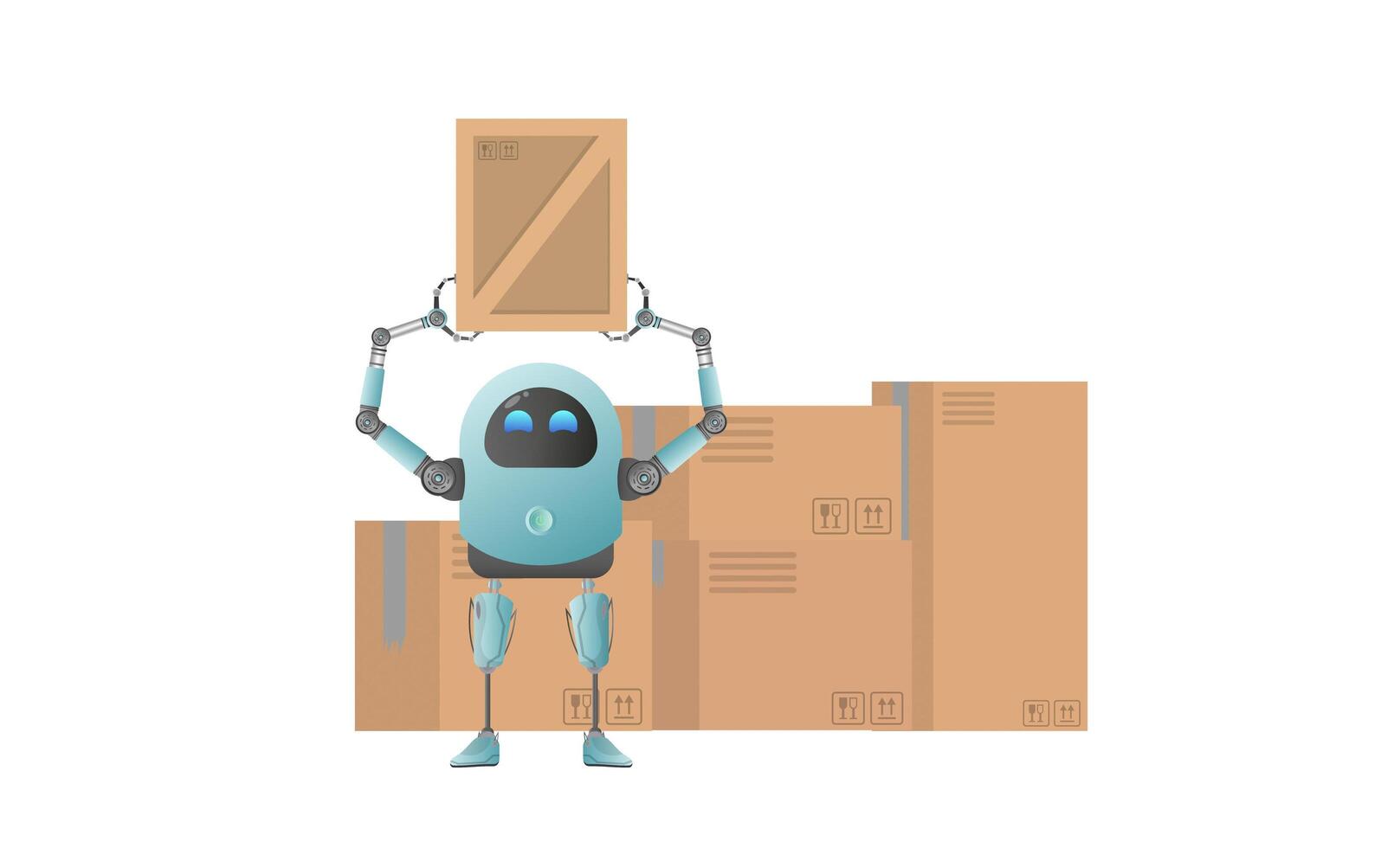 A small futuristic robot picks up a parcel. Carton boxes. Cargo delivery concept. Isolated. Cartoon style. illustration. vector