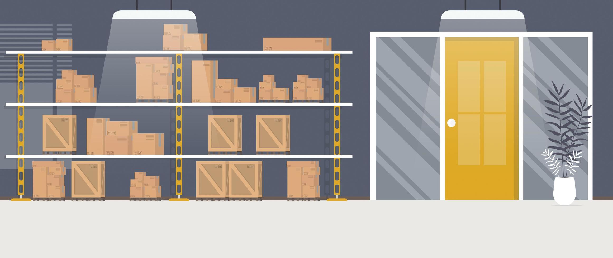Warehouse with racks and boxes. Large warehouse. Cartoon style. Vector illustration.