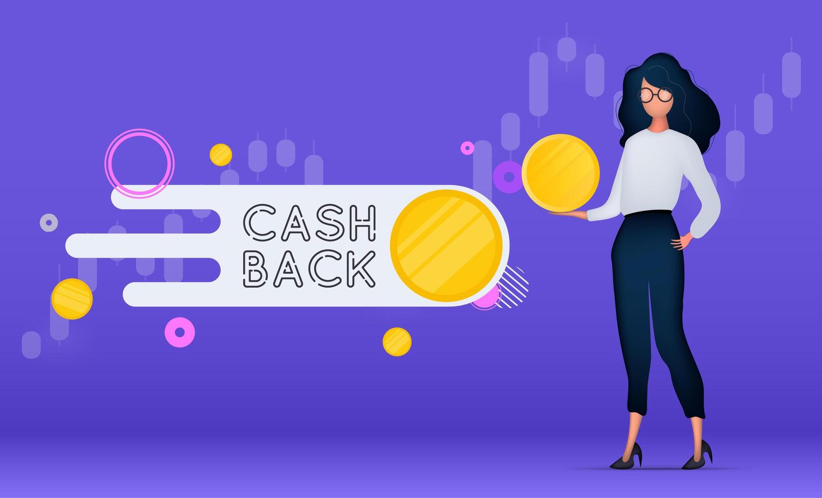 Bright purple Cashback banner. The girl is holding a gold coin. Concept on the topic of earnings. illustration. vector