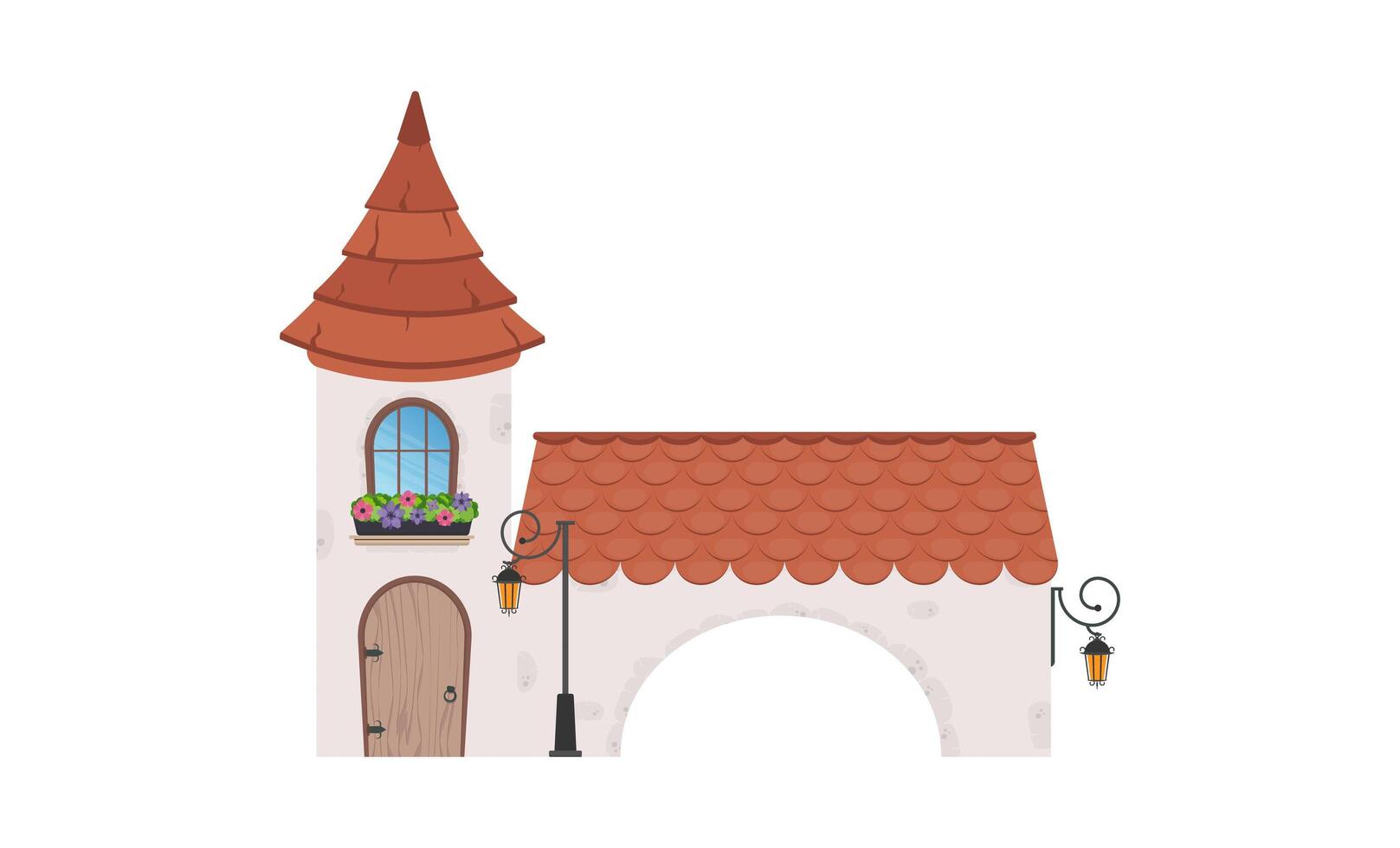 House with a tower and an arch. Stone building with windows, door and roof. Cartoon style. For the design of games and books. Isolated. Vector illustration.