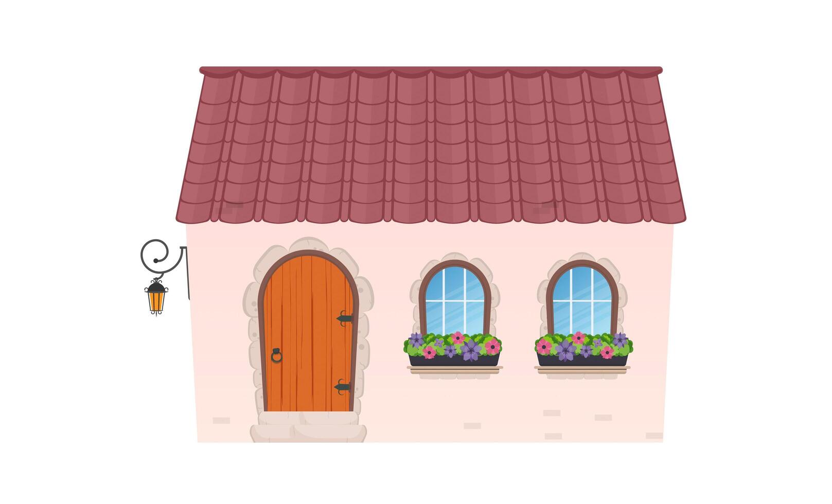 pequeña casa de campo con puerta semicircular. casa en estilo de dibujos animados planos. aislado sobre fondo blanco. vector