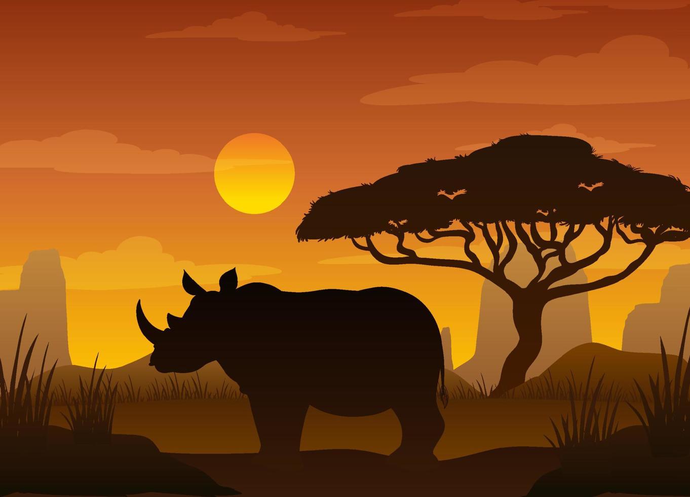 silueta de rinoceronte en el bosque de sabana vector