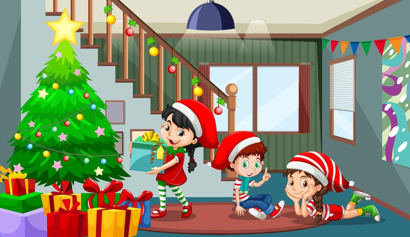 escena de la habitación con niños celebrando la navidad vector