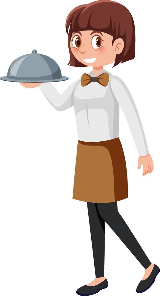 A young waitress serving food white background vector