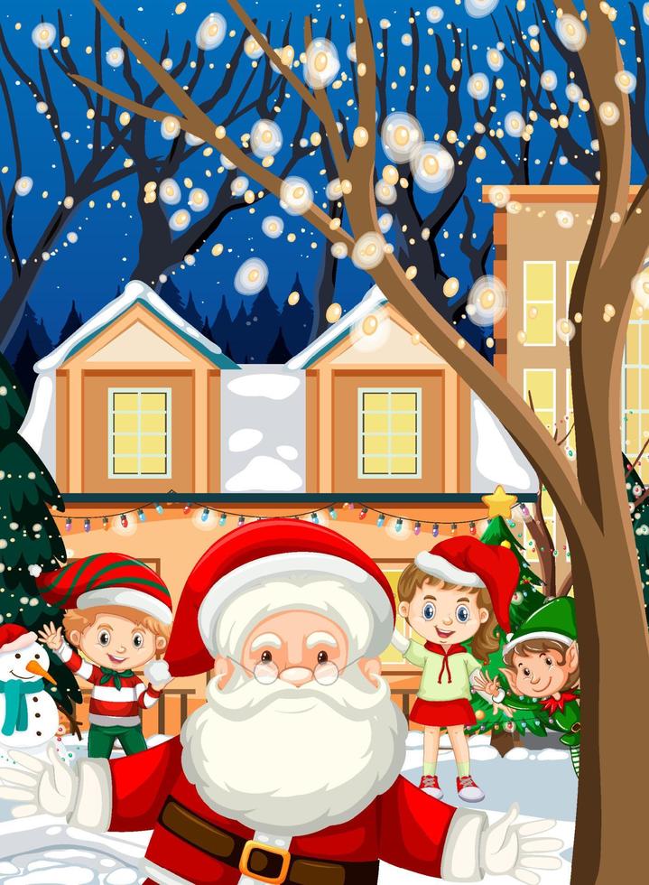 Christmas winter scene with Santa Claus and children vector