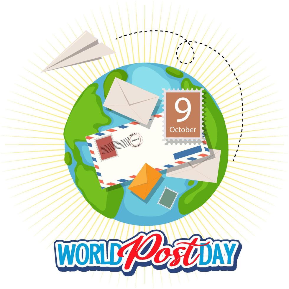 World Post Day banner with envelope and stamp on earth vector