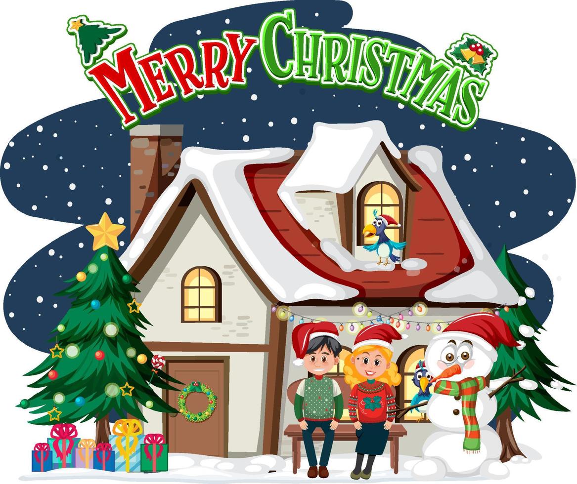 Merry Christmas logo with winter house and young couple vector